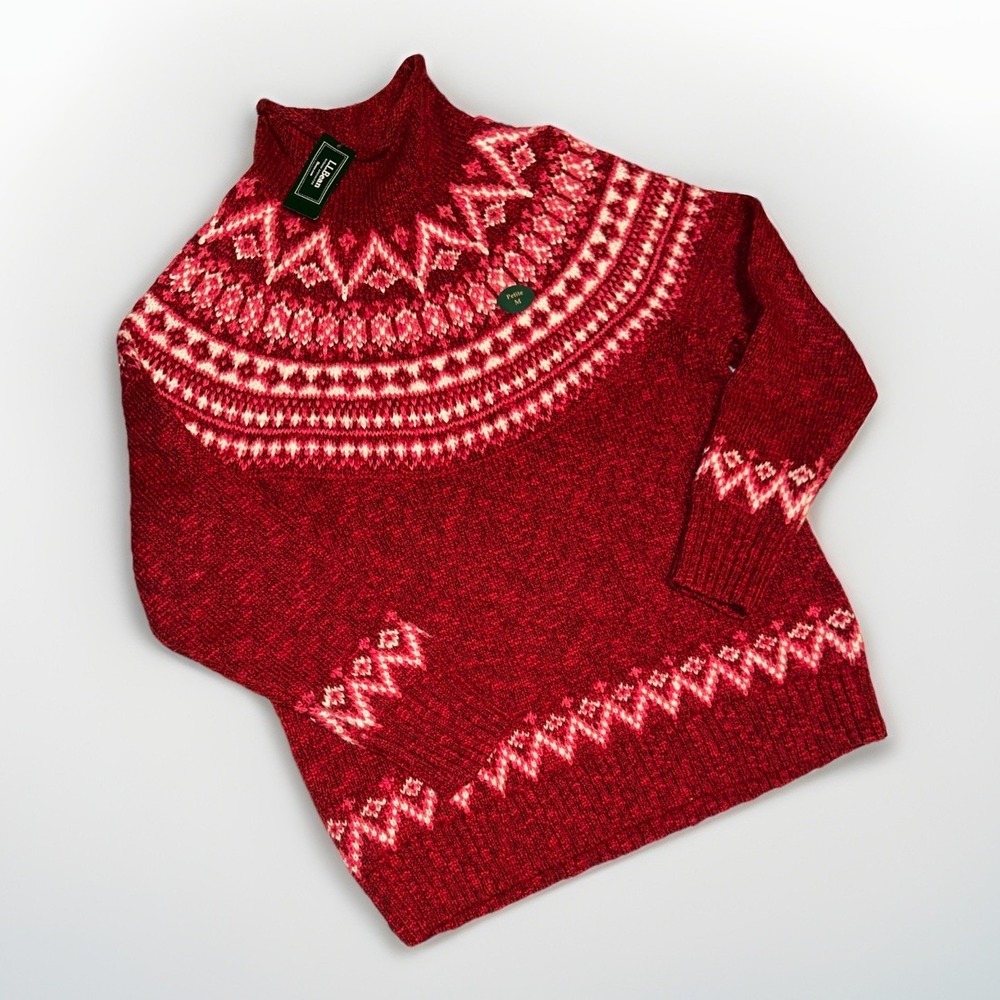 NWT LL Bean Women Cotton Ragg Sweater M Funnel Neck Fair Isle Red Cotton Petite